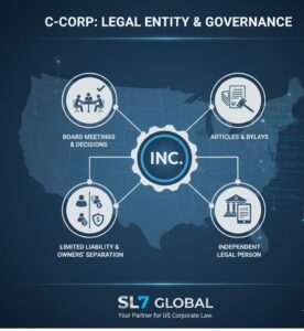 C-Corp nedir? ABD'de büyük yatırım çekmek, sınırsız hisse ve yabancı hissedar kabul etmek için ideal şirket yapısı. SL7 ile kurulum.