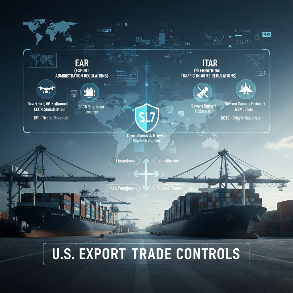 ABD Dış Ticaret Kontrolleri kapsamında EAR ve ITAR regülasyonlarına tam uyum sağlayın. SL7 uzmanlığıyla yasal riskleri yönetin ve Amerika pazarında güvenle büyüyün.